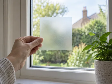 Small sample of frosted privacy window film held against a plain window pane with daylight behind it.