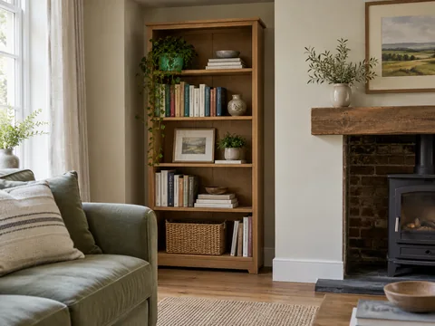 A freestanding bookcase in a chimney alcove with a visible small side gap.