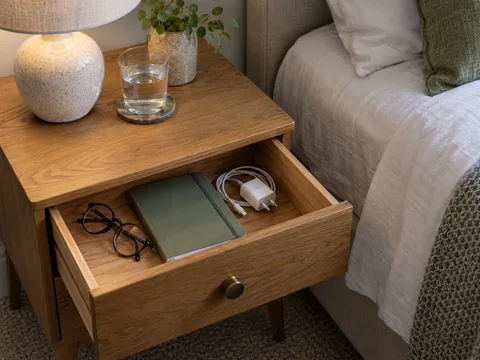 A bedside drawer opened to show glasses, notebook and charger.