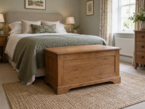 A closed blanket chest at the foot of a bed with space to walk around.
