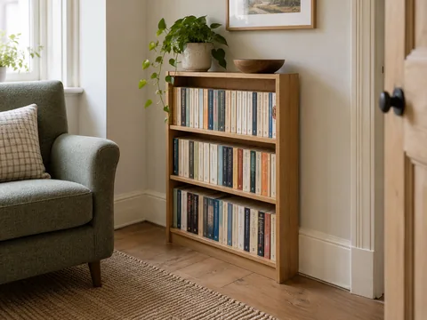 A shallow bookcase holding paperbacks with spines aligned.