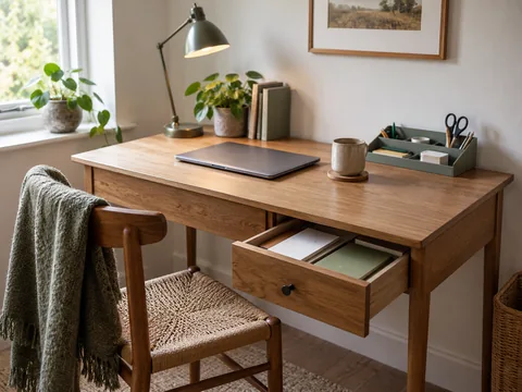 A small desk with a shallow organiser and one adjacent document drawer.