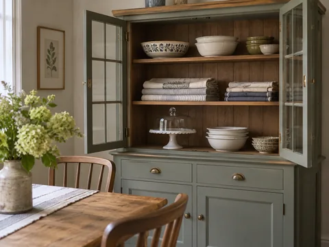 A dining room cabinet holding serving bowls, table linen and a cake stand.