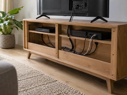 The open back cable area of a television cabinet with loose cable routing.