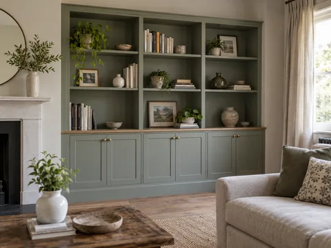 A living room unit combining closed lower cabinets and open upper shelves.