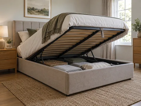 An upholstered ottoman bed with mattress platform raised and storage cavity visible.