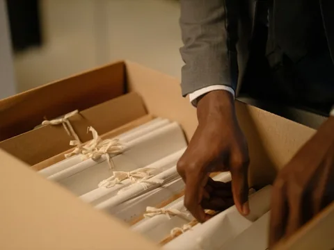 A box of paper files and folders being organised.