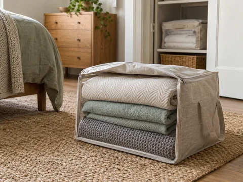 Clean folded blankets in a breathable fabric storage bag.