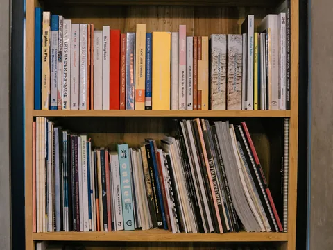 Books of different sizes filling a timber shelf.