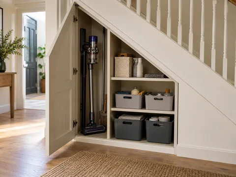 An open under stairs cupboard with low bins and taller vacuum compartment.