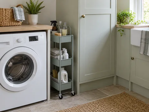 A slim freestanding trolley in a utility room gap beside a cupboard.