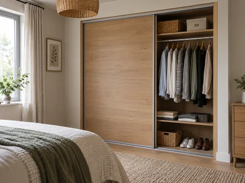 A sliding wardrobe with one door moved aside exposing half its contents.
