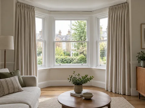 three-sided British bay window with fitted curtain track and neutral curtains.