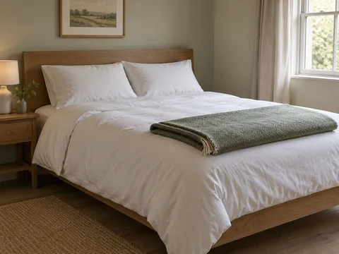 simply made bed with cotton duvet two sleeping pillows and one folded blanket.