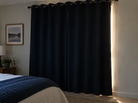 A narrow band of daylight escapes beside closed dark curtains in a bedroom.