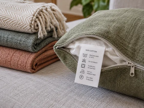 close-up of care label on a removable cushion cover beside folded textiles.