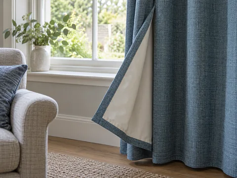 turned-back curtain corner exposing pale lining behind textured blue face fabric.