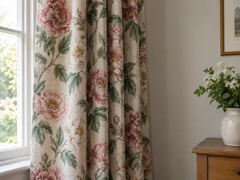 large floral curtain fabric draped in folds beside a plain wall.