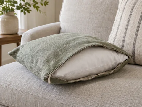 unzipped linen cushion cover with a plain white cushion pad partially visible.