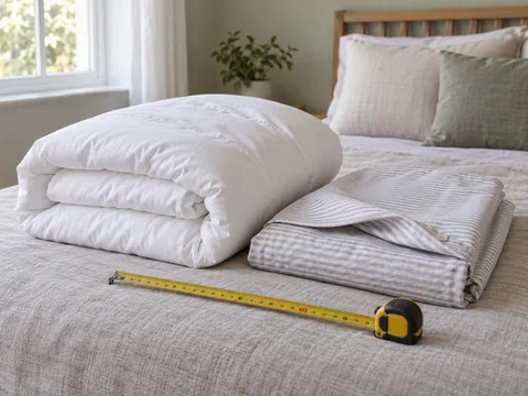 folded white duvet and pale striped duvet cover with a tape measure laid beside them.