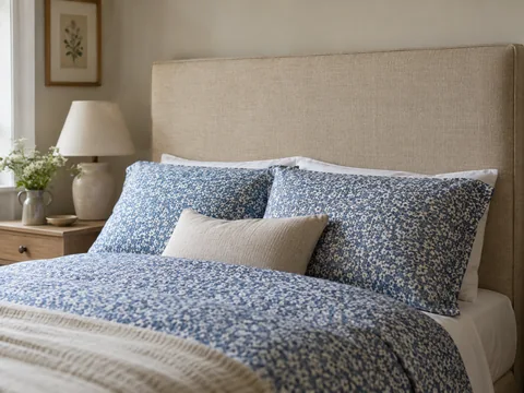 plain oatmeal upholstered headboard behind small blue patterned bed linen.
