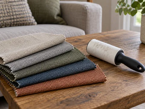 closely woven upholstery swatches beside a household lint roller on a table.