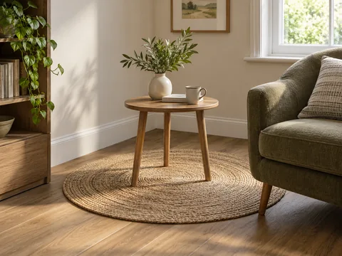 round jute-coloured rug under a small round occasional table in an open corner.