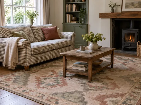 small checked sofa beside rug with a larger muted geometric pattern.