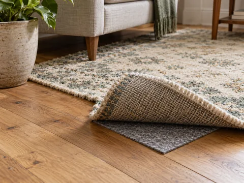 corner of wool rug lifted to show a fitted underlay on timber floor.