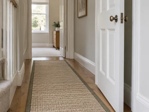 low pile hallway runner with an open white internal door beside it.