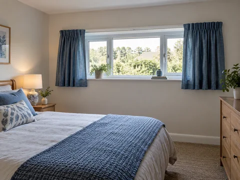 short wide bedroom window with simple sill-length blue curtains.