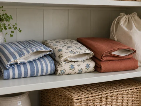 Three paired stacks of empty striped, floral and rust cushion covers on a cupboard shelf.