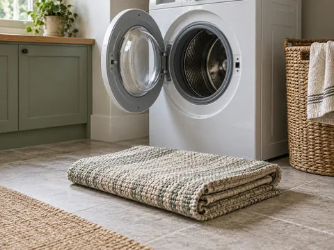 folded washable flatwoven rug beside a front loading washing machine.